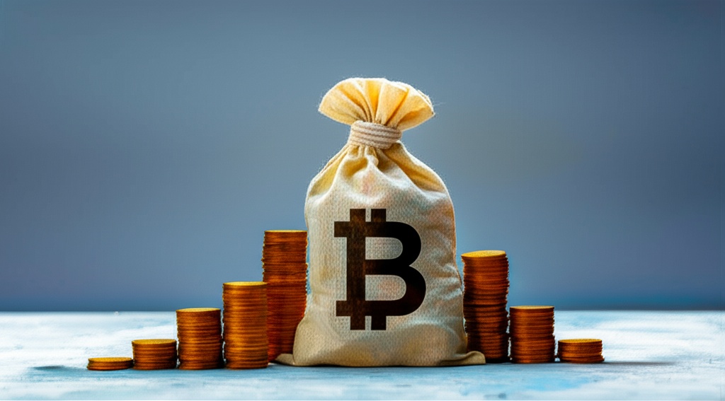 Bitcoin bag staying in the center of stash of coins and two arrows: green up and red down