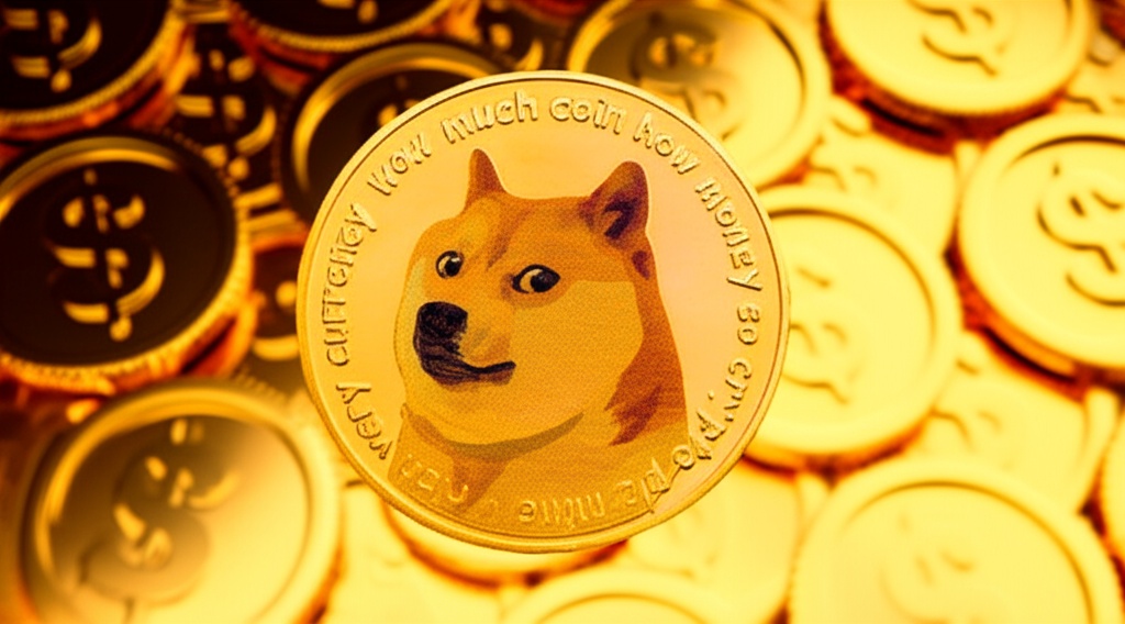 A graphic representig DOGE token laying on a stack of USD tokens