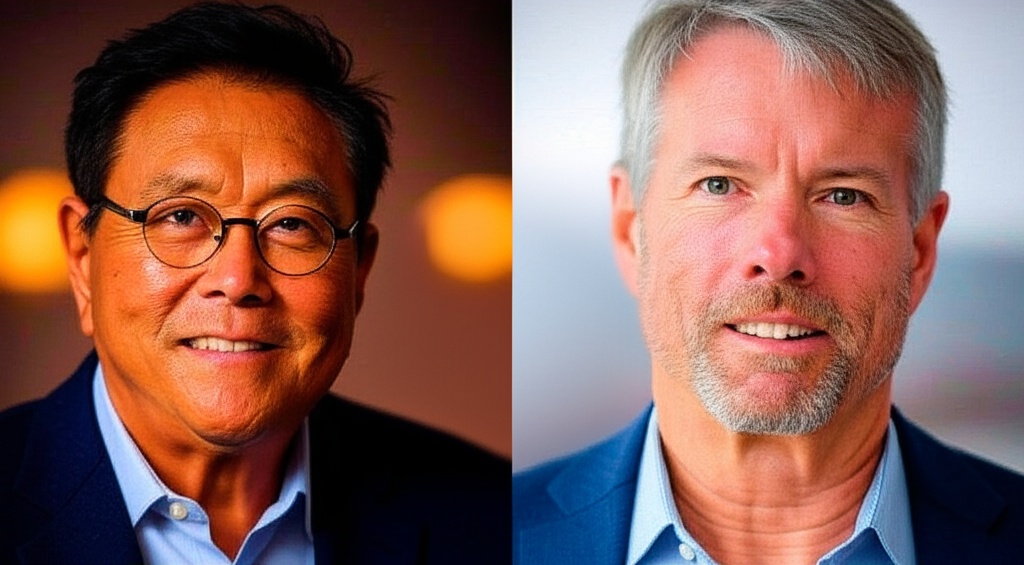 Kiyosaki and Saylor picutres with bitcoin token in the middle